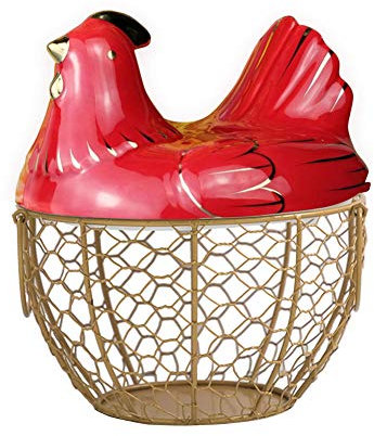 Eierhalter Hühnerform Keramik Metall Mesh Draht Eierkorb Dekorative Küche Aufbewahrungskörbe Halter Rack für Küche Aufbewahrung Dekoration, Obst Snacks Organizer Rack Gold & Rot