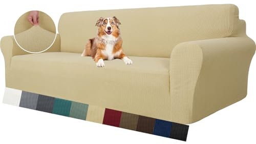 MAXIJIN Super Stretch Couch Bezug für 4 Sitzer, 1 Teilige Universal Sofabezüge Wohnzimmer Jacquard Spandex Möbelschutz Hunde Haustierfreundliche Couch Schonbezug (Beige)