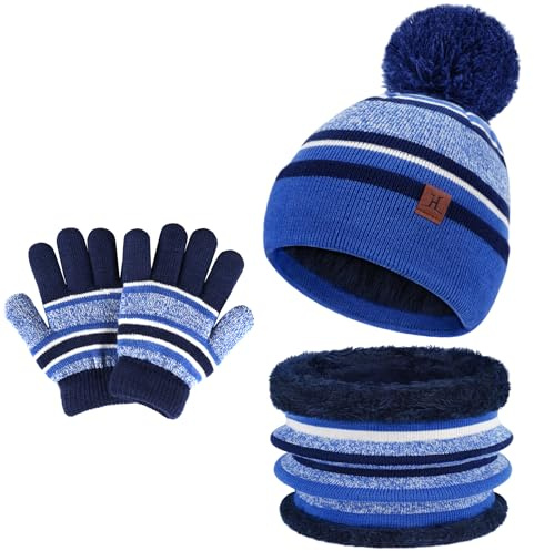 Kids Toddlers Winter Knit Warm Beanie Hat Scarf Gloves Set for Boys Girls Age 2-7, Pompom Cap Neck Warmer Gloves Fleece Lined