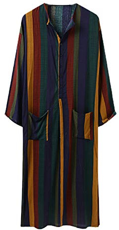 FUIW Uomo Abito in Caftano a Righe Colorate con Bottoni Arabi Magliette Larghe - Giallo # XL