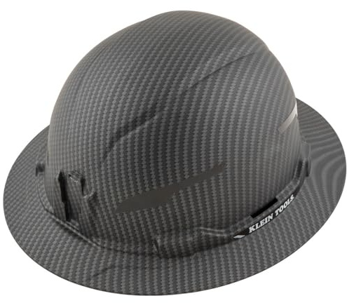Klein Tools Hard Hat, Non-Vented Full Brim, Premium KARBN Pattern, Class E, Tested up to 20kV, Padded Sweat-Wicking Sweatband, Top Pad