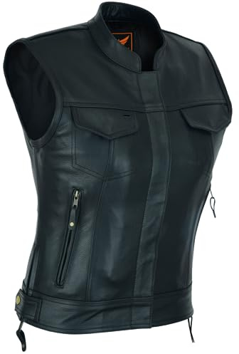 A&H Apparel Women's Top Grain Cowhide Club Style Motorcycle Soft thick Leather Vest (X-Small) Black