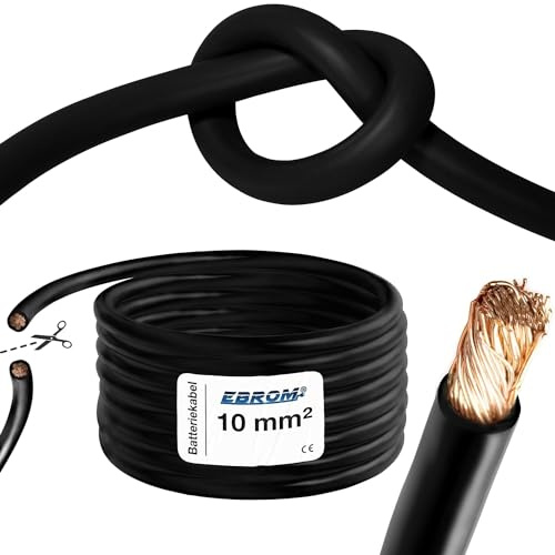 EBROM Câble de batterie très flexible Hi-Flex (Hi Flex) 10 mm² Au mètre en noir - Très flexible Gaine en PVC (70 ± 5 Shore) 100% cuivre 10 mm² Comme câble de démarrage, câble de chargement ou autre