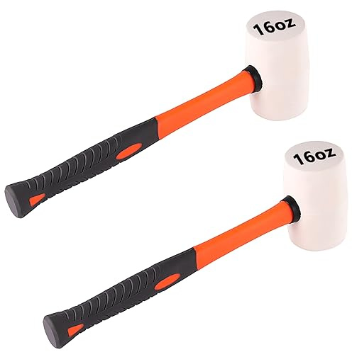 ZOENHOU 2 PCS 16 Oz White Rubber Mallet Hammer, Solid Mallet Head with Absorbing Fiberglass Handle, Rubber Hammer for Flooring, Woodworking, All Projects
