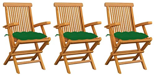 vidaXL 3X Teak Massiv Gartenstuhl mit Grünen Kissen Armlehnen Klappbar Gartenstühle Klappstuhl Klappstühle Stuhl Stühle Holzstuhl Gartenmöbel