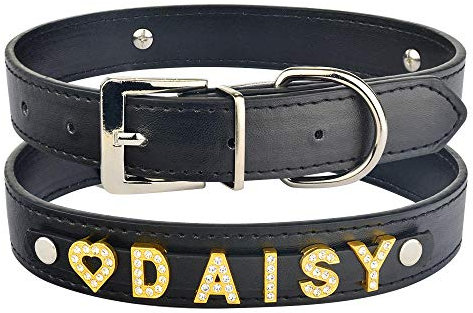 Tlwrnop DIY Bling Personalisierte Hundehalsband Strass Ledername Klein Mittel Pet-Black_L_36-46cm_