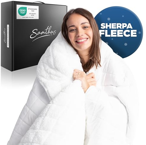 Samthus Gewichtsdecke 135x200cm 9kg Sherpa Fleece - Oeko-Tex Zertifiziert - Therapiedecke & Entspannungsdecke - Besser schlafen mit unserer schweren Bettdecke - Weighted Blanket - Weiß
