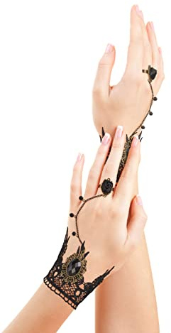 Balinco Gothic Armband mit Ring Schwarz, Spitze Handschmuck mit Ringkette, Vintage Sklavenarmband für Damen, Kostüm Zubehör Halloween, Karneval