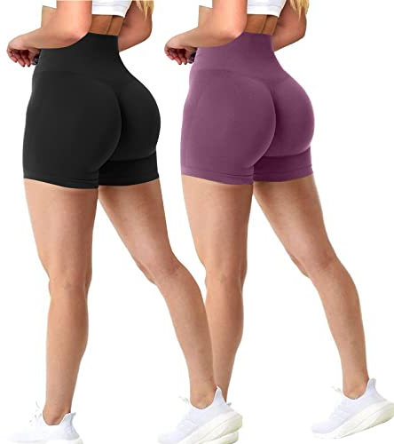 Xunerloy 2er-Pack Sport Gym Shorts Damen Booty Scrunch Nahtlos Kurze Sporthose High Waist Yoga Fitness Leggings Biker Radlerhose Kurz Dehnbar Schwarz Magenta S