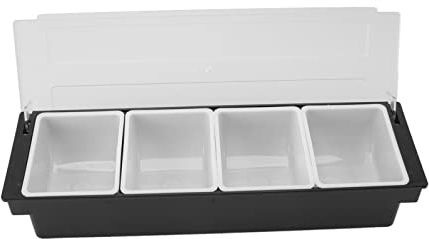 Buachois Servidor de condimentos, Dispensador de condimentos transparente de plástico Caddy, Barra de diseño desmontable con tapa Bandeja de contenedor de carrito de frutas con tapa(4 Compartments)