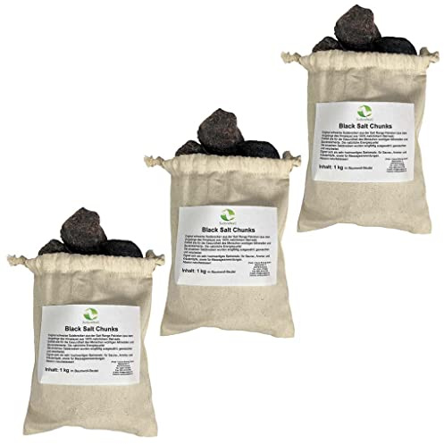 SudoreWell® Black Salt Chunks - original Schwarze Salzbrocken aus der Salt Range Pakistan im 1,0 kg Baumwoll-Beutel, 3 Stück