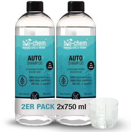bio-chem AutoShampoo Biodegradabile – 2 x 750 ml – Concentrato pH neutro – Potente contro lo sporco, delicato sulla vernice – non attacca il sigillante di cera. Made in Germany