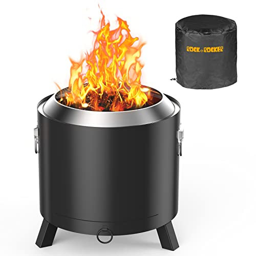 Rock&Rocker 48,3 cm rauchfreie Feuerstelle, Feuerstellen für Holzverbrennung im Freien, 304 Edelstahl, Lagerfeuer im Freien, mit abnehmbarem Aschekasten & wasserdichter Abdecktasche, für Camping,