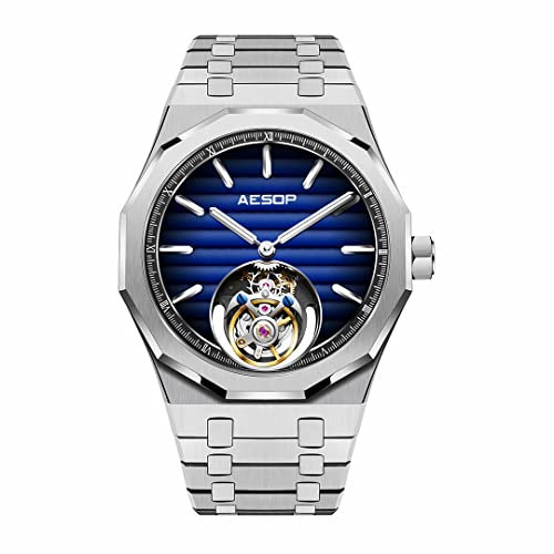 Aesop Herren Tourbillon Uhren Tourbillon Handaufzug Herrenarmbanduhren Leuchtendes Saphirglas Wasserdicht Luxus Business Uhr für Herren 7057(Blau-Edelstahlband)