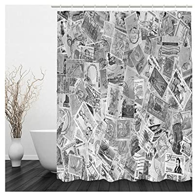 Whoiy Duschvorhang 150X200 Schwarz Weiss, Duschrollo Um Die Ecke Polyester Duschvorhänge Briefmarke für Badezimmer Badewanne
