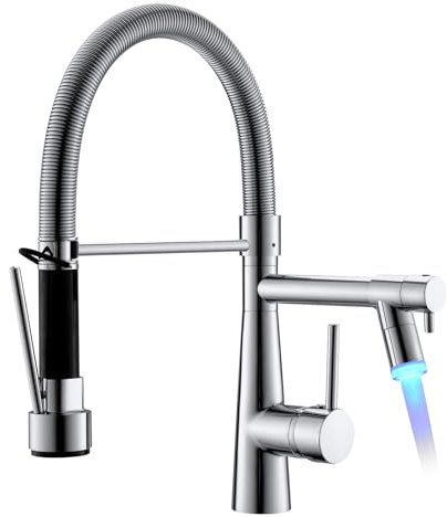 TIMACO LED Wasserhahn Küche Chrom mit Schloss Brause Ausziehbar - 360° Schwenkbare- Pull-Down-Spray - Hochdruck - Chrom Küchenarmatur