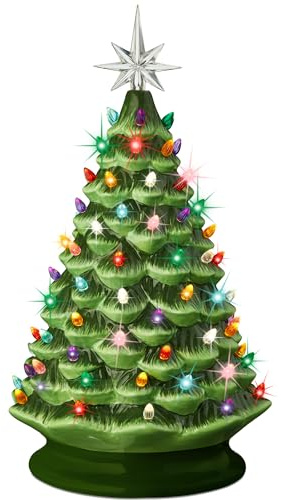Best Choice Products 18in Large Ceramic Christmas Tree, Pre-lit Hand-Painted Tabletop Holiday Decoration w/Power Cord, 2 Star, 93 Multicolored Bulbs, LED Lights - Green