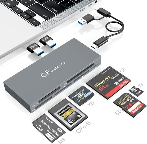 CFexpress Typ B Kartenleser mit USB 3.2 Gen 2 10 Gbit/s, 8 in 1 Speicherkartenleser USB USB-C auf CFexpress Typ B/SD/TF/CF/XD/MS/USB Kartenleser Adapter, Liest Sie 6 Karten und 2 USB Gleichzeitig