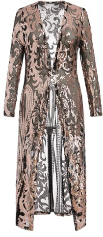 FYMNSI Women Sparkling Sequin Cardigan Duster Long Jacket See Through Mesh Open Front Long Sleeve Dressy Coats for Evening Party Pageant