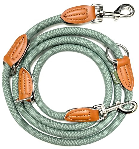Leisegrün Hundeleine große Hunde, 3-Fach verstellbar 2m, Salbei-Grün | Devon: Hausleine, Kurzführer & Führleine für den Hund, rund geflochten, Nylon Paracord Seil, 1m-1,8m, Umhängeleine zum Joggen