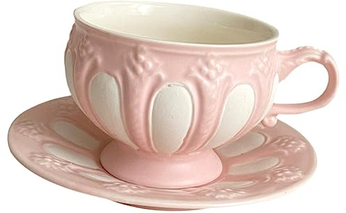 PRETYZOOM Juego De Taza De Té y Platillo De Cerámica Rosa 2 Piezas, Taza De Café Vintage Relieve Europeo, Para Hogar y Cafetería