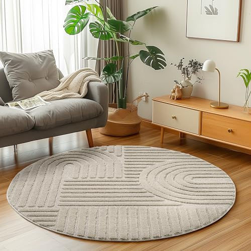 Carpetsale24 Teppich Rund 120 cm Beige, Hochflor Wohnzimmer Teppich, Weich & Flauschig, Skandinavisch Boho Stil, Langflor Shaggy, Pflegeleicht, Jute Rückseite