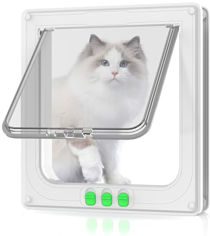FIYSON Katzentür Hundetür für Fenster,Haustiertüren und Schiebetür,Sicherheits-Haustiertür mit 4 Wege Magnet-Verschluss,Wetterfeste Katzenklappe Tür für Innen Außentür dünne Tür und Wand (L,Weiß)