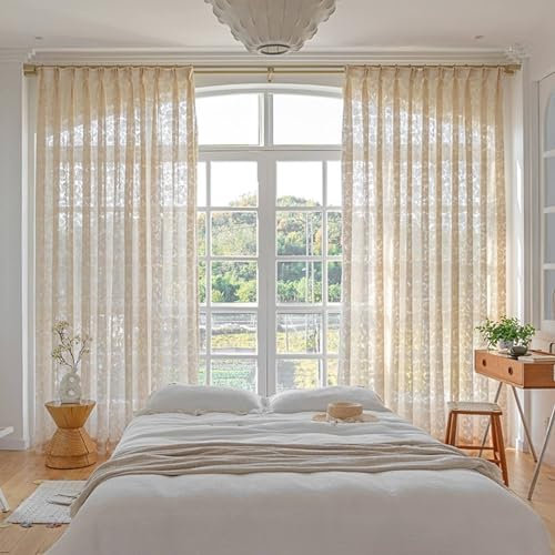 Gardinen für Schienensystem 86x138CM, Vorhänge Beige 2er Set mit Haken Spitze Blätter Motiv Modern Gardinenschals Polyester Halbtransparent für Wohnzimmer Schlafzimmer Küche