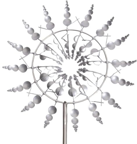 EinzigartigeUndMagischeMetallWindmüHle,3dWindbetriebeneWindradGartenMetall,RostfreiGartensteckerWindspiel,Windrad Garten Metall,FüR Terrasse Garten Dekoration (Silber)
