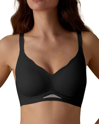 SHARICCA Damen BH Ohne Bügel Bequemer Nahtloser BHS T-Shirts Push Up V-Ausschnitt Weicher Gepolstert Bustier Seamless Bra mit Verstellbaren Trägern(Schwarz-1P01-M)