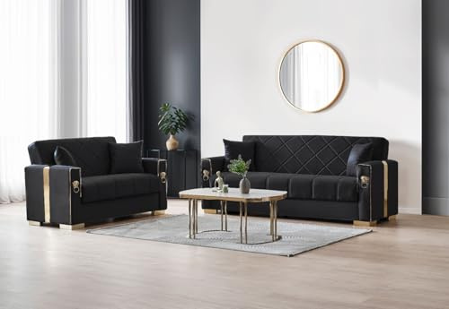 Stella Furniture Lion 3 and 2 Seater Sofa Set with Storage for Living Room - Convertible 2 and 3 Seater Sofa Bed, Couches with Cushions - Free Assembly & Delivery (3+2 Seater, Black/Gold)