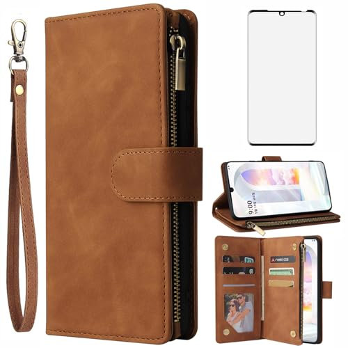 Asuwish Handyhülle für LG Velvet 5G/4G Hülle mit Folie Schutzfolie und Kartenfach Klappbar Leder Geldbörse Ständer LMG910EMW LM-G910EMW Reißverschluss Cover Handy Hüllen Schutzhülle Phone Case Braun