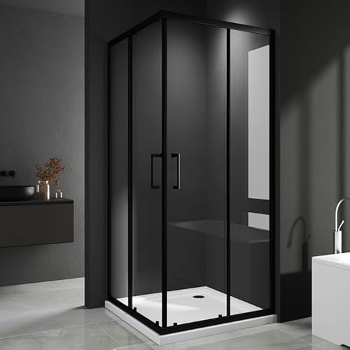 Duschkabine Eckeinstieg 90x100cm Duschabtrennung Schiebetür Dusche, Doppel Schiebetüren Duschwand mit 6mm ESG Sicherheitsglas, Schwarz Duschkabine Eckdusche Höhe 185cm mit Runder Griff