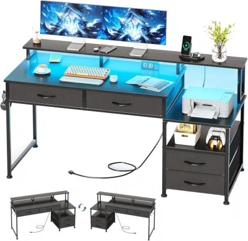 MUTUN 135cm Computer desk with Power Outlet and Drawers, Black