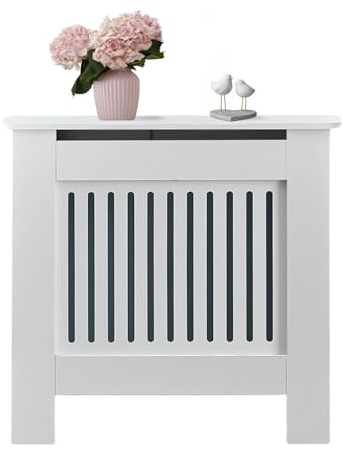 Cubreradiador. Cubierta para Radiador. Protector Refractario de MDF con Estante y Listones. Mueble Elegante con Acabado en Blanco y Diseño Moderno para Salón, Domitorio, Oficina(79x82x19cm)