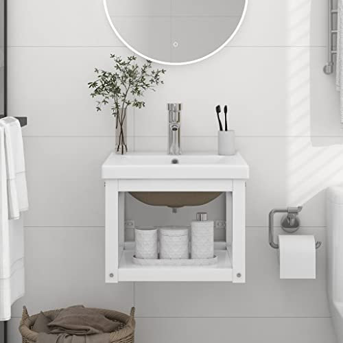 CFODOJ Cabinets & Storage,Vanity Units,Bathroom Vanity Units-home-Bathroom Washbasin Frame with Built-in Basin White Iron