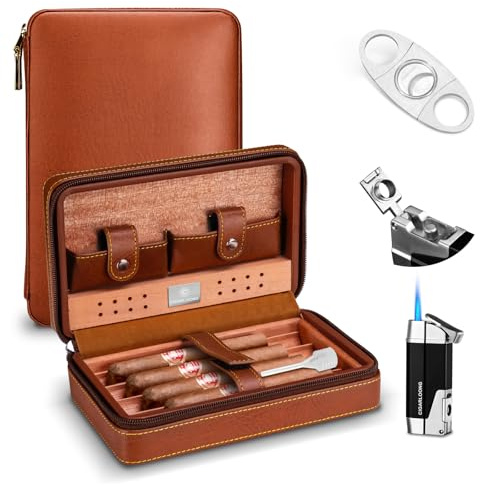 Zigarren Humidor Reise Leder Zigarrenetui, Tragbarer Zigarren Box Set mit Hygrometer, Zedernholz Lining, Zigarrenschneider & Zigarrenfeuerzeug mit Zigarrenpunsch für Outdoor Use (Braun)