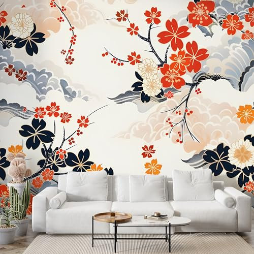 Boceoey Papier Peint Panoramique Fleur Japonaise Aquarelle - Papier Peint Intissé Autocollant - Fleurs De Cerisier Montagne Décoration Murale - Adhésif Mural pour Salon Chambre, 200x140 cm - S-824