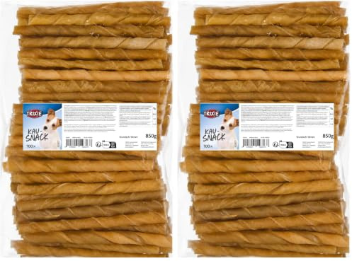 TRIXIE Kaurollen aus getrockneter Rinderhaut - 100 Stück - Glutenfrei - ohne Zuckerzusatz - Monoprotein-Snack - 12 cm/ø 9–10 mm - 2617 (Packung mit 2)