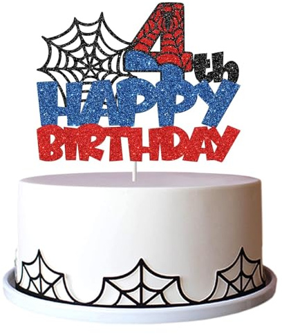 DazzJoy Glitter Spider Tårtdekoration för Födelsedagsdag 4 år Pojke, Spidey Spindlar Tårta Topper med Siffror 4