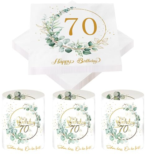 Glamifyr 20 Stück Servietten 70 Geburtstag Frau + 8 Stück Windlicht Tischdeko 70 Geburtstag Frau, Servietten Happy Birthday Servietten 70 Mann Servietten Eukalyptus Grün Deko