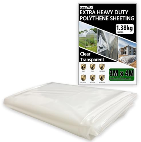 Extra Thick Plastic Sheeting 1.38KG Heavy Duty 3M X 4M Clear Polythene Sheet Thickened Polytunnel Membrane Greenhouse Waterproof Garden Dust Sheet Gardening Grow Insulation Building Rubble Protection