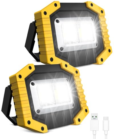 Lampe de Travail LED Rechargeable 45W, Projecteur à Batterie avec 3 Modes, Lampe de Sécurité Extérieure COB avec USB, Étanchéité pour Jardin, Garage, Pêche, Randonnée (Batteries Incluses avec 2 Pack)