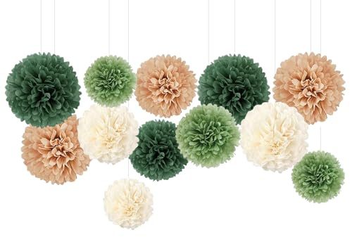 Capesaro Olive Salbei Grün 12PCS Papier Pom Poms Party Dekorationen für natürliche grüne Boho Safari Dschungel Party, hängende Seidenpapier Blumen für Engagement, Hochzeit, Baby-Dusche