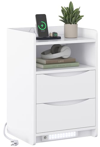 Brinlawb Table de Chevet Blanche avec lumières LED et Multiprise (2 Prises CA, 2 Ports USB) Table de Nuit Blanche avec 1 Compartiment Ouvert et 2 Tiroirs pour Salon, Chambre, Bureau, Montage Facile