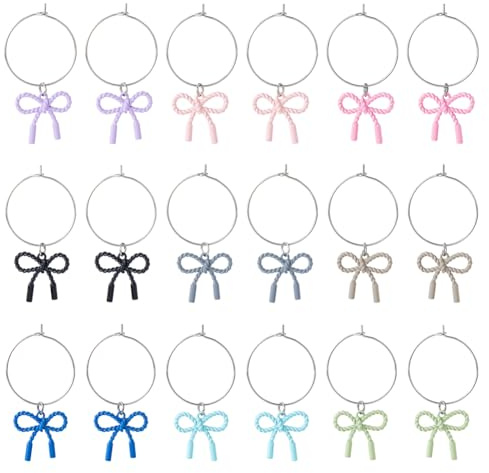 DICOSMETIC 18Pcs 9 Colors Wine Glass Charm Bulk Bowknot Glass Tag Charm Alloy Bow Charms Marker Beading Hoop with Bow Tie Pendant Wine Glasses Identifier Charms for Party Wines Tasting Decorations