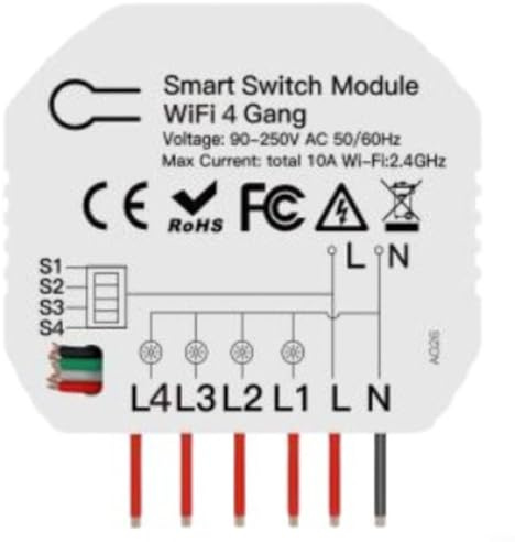 Puupaa Interruttore intelligente della luce, modulo di controllo wireless WiFi a 4 vie, con RF433 e app remota, compatibile con Alexa e Tuya, memoria di spegnimento, bianco (1 pezzo)
