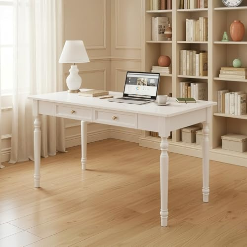 Schreibtisch/landschreibtisch/Sekretär/Konsolentisch,Massives Gummibaumholz, mit Schubladen, Höhe 76cm, Vintage für Büro und Home-Office(Weiß,80x60cm)