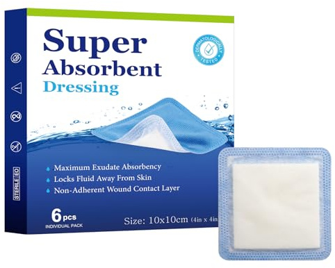 Super Saugfähige Wundauflage 6 Stück Super Absorber Wundverband 10 x 10 cm Superabsorbierende Saugkompressen Steril Nicht Klebend Hochabsorbierende Saugverbände für Nässende Wunden