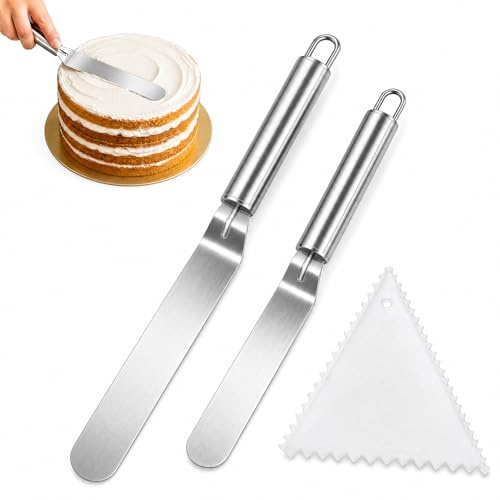 2 spatole da pasticceria in acciaio inox 304, spatole angolate lisce e confortevoli per rivestire, frittelle e torte, misure 26,8 cm e 31,5 cm, argento